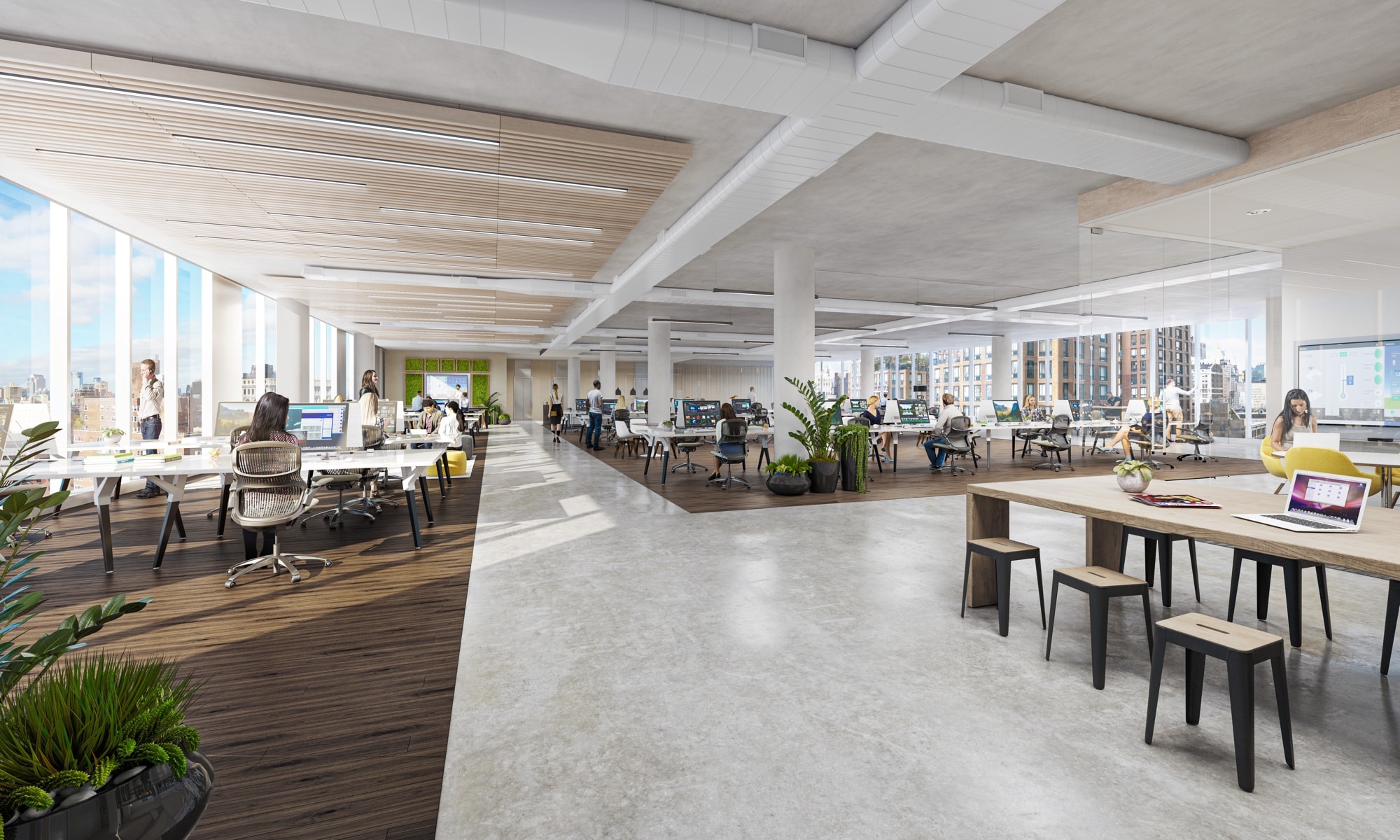 Open concept workspace with floor to ceiling windows