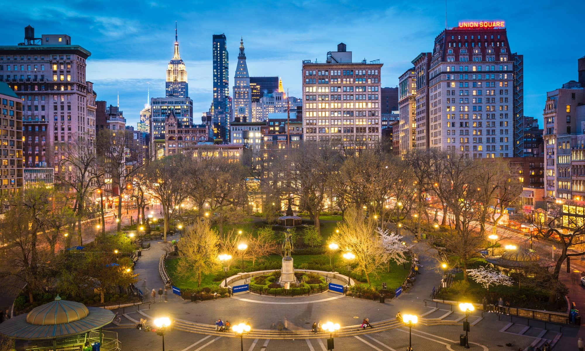 3D rendering of Union Square neighborhood at twilight